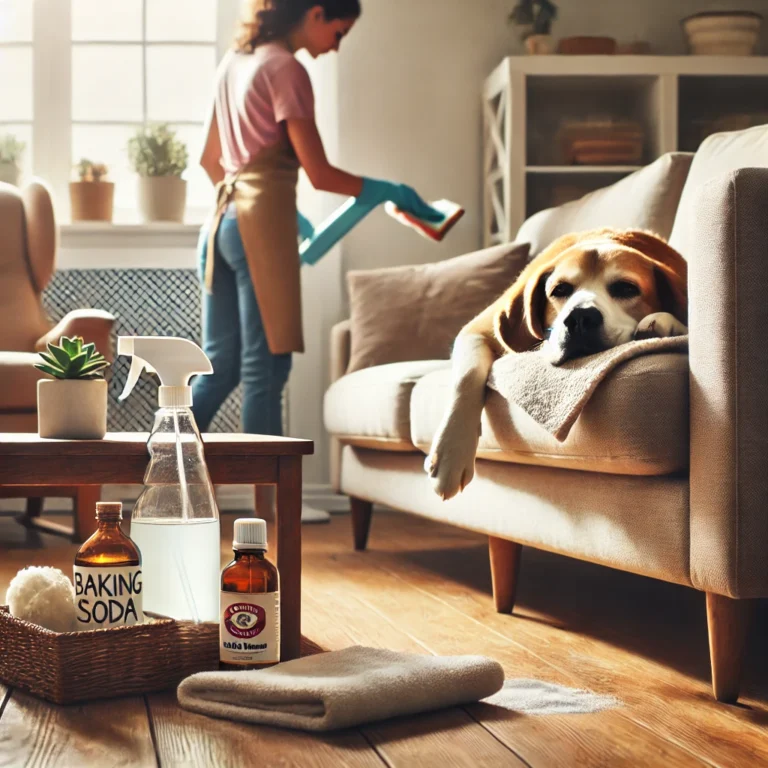 DALL·E 2024-10-16 11.42.10 - A cozy living room scene with a couch and armchair, where a pet owner is cleaning the furniture with natural cleaning supplies